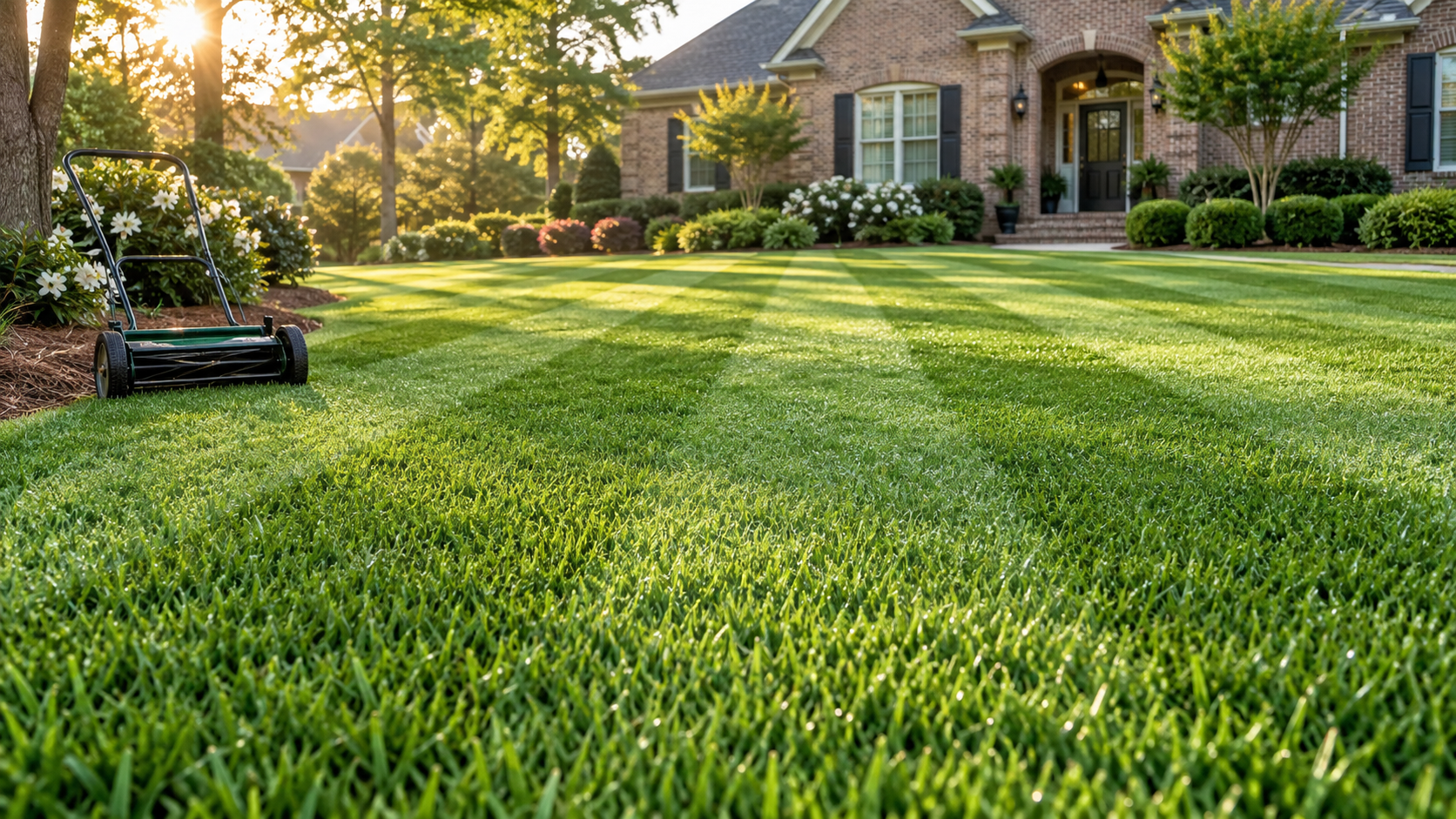 Lush, well-maintained green lawn with distinct mowing stripes leading to a residential home.