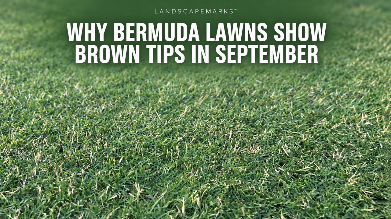 Close-up of green Bermuda lawn showing scattered brown and tan tips during September.